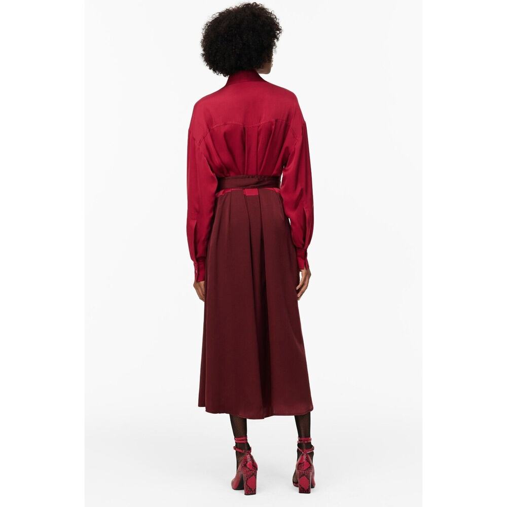 Zara NWT Burgundy Tie Neck Belted Midi Shirt Dress S M - Picture 10 of 16